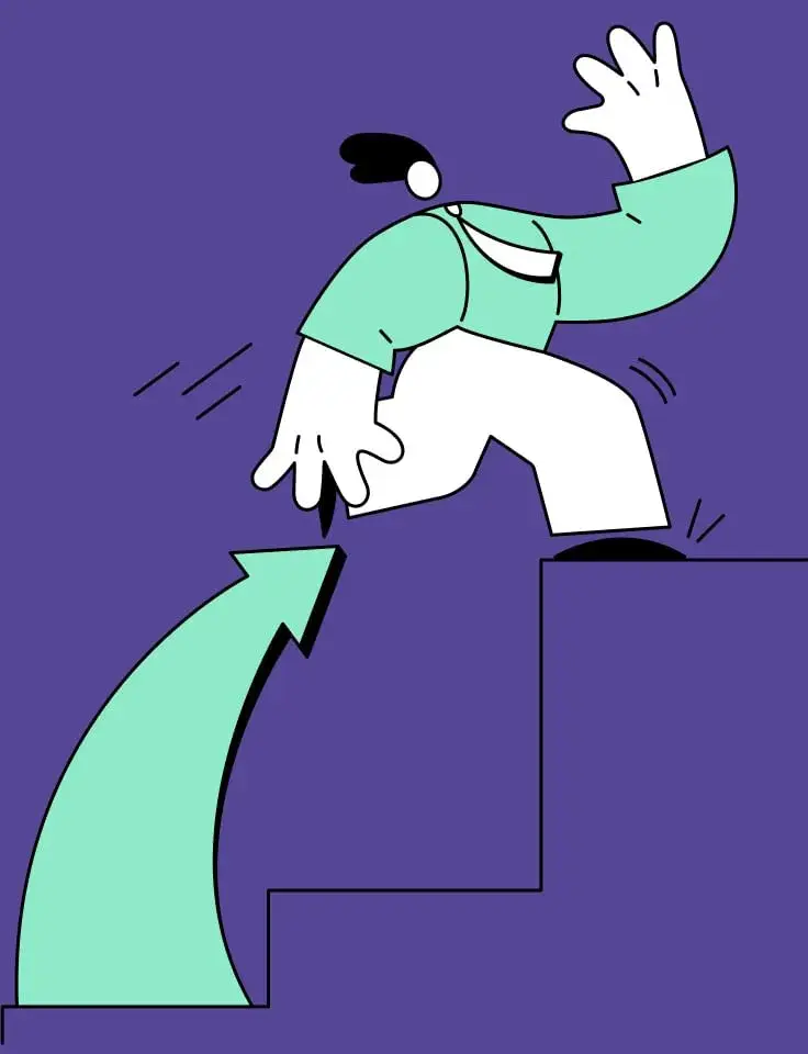 An Illustration of a human figurer leaping in a big bound upwards to show acceleration and growth.